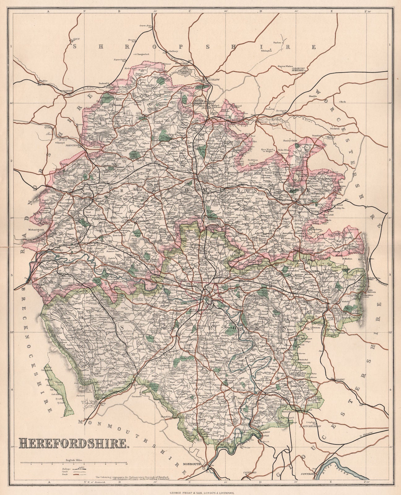 HEREFORDSHIRE. County map. Leominster & Ross constituencies. PHILIP 1902